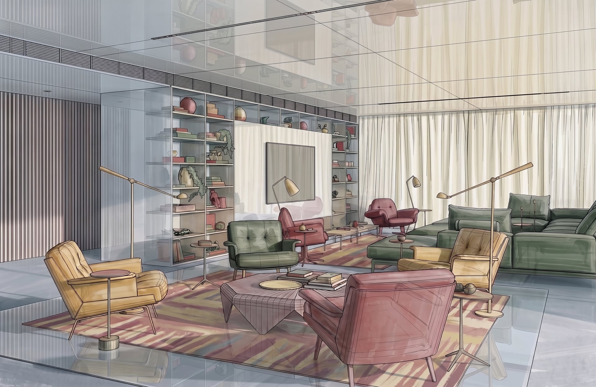 Colored architectural rendering of a modern living room with a city skyline view