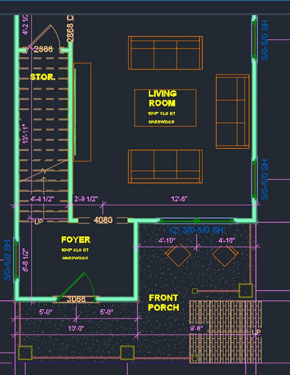 CAD architectural floor plan drawing of a living room and foyer