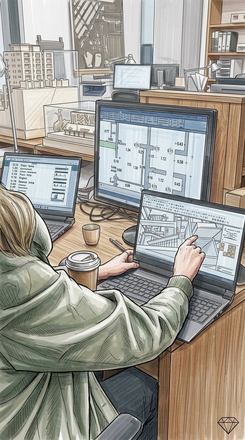 Designer reviewing floor plans and renderings on a laptop