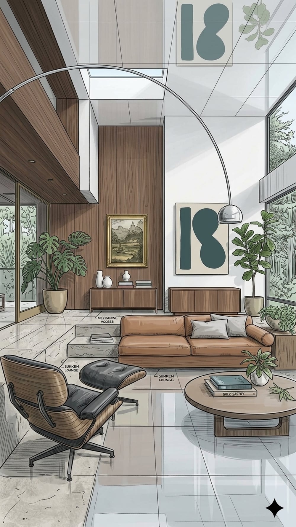 Full-service interior design living room with gallery wall and lounge chair