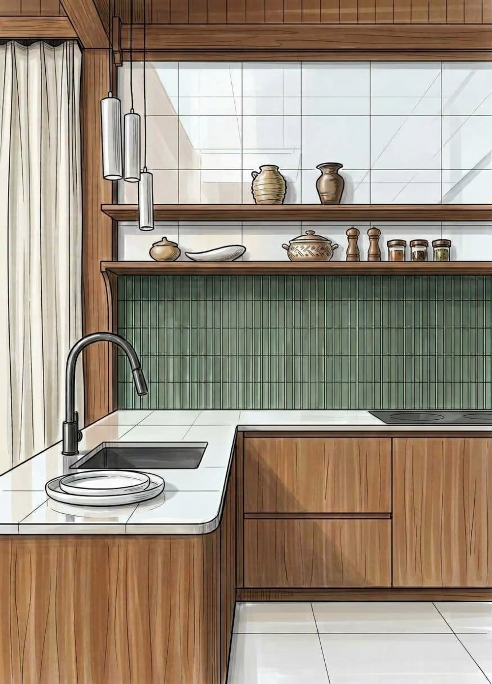 Kitchen with walnut cabinetry, open shelving, and a green tile backsplash